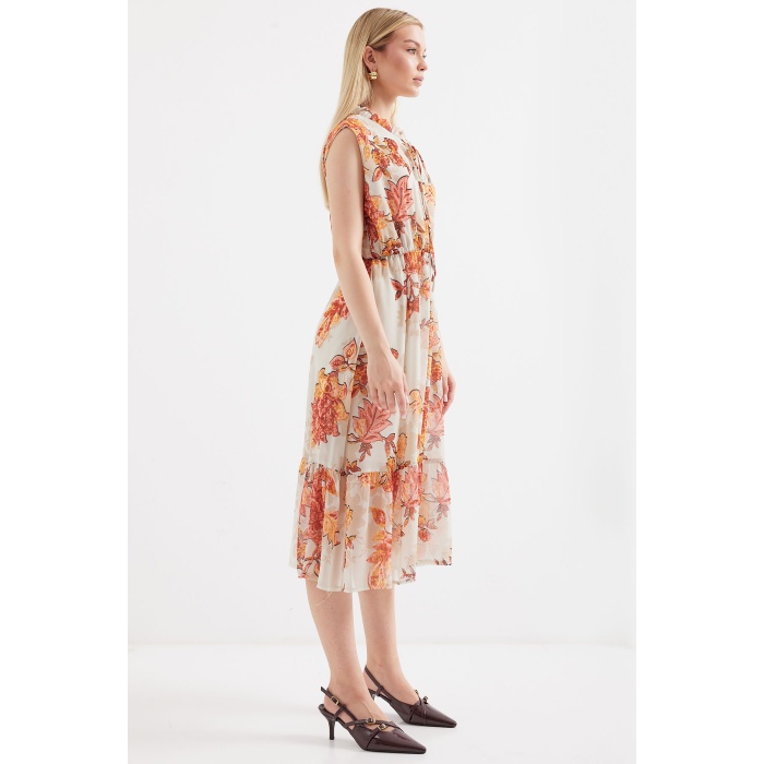 2503 Desenli Sıfır Kol Şifon Elbise - Kiremit