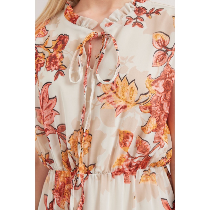 2503 Desenli Sıfır Kol Şifon Elbise - Kiremit