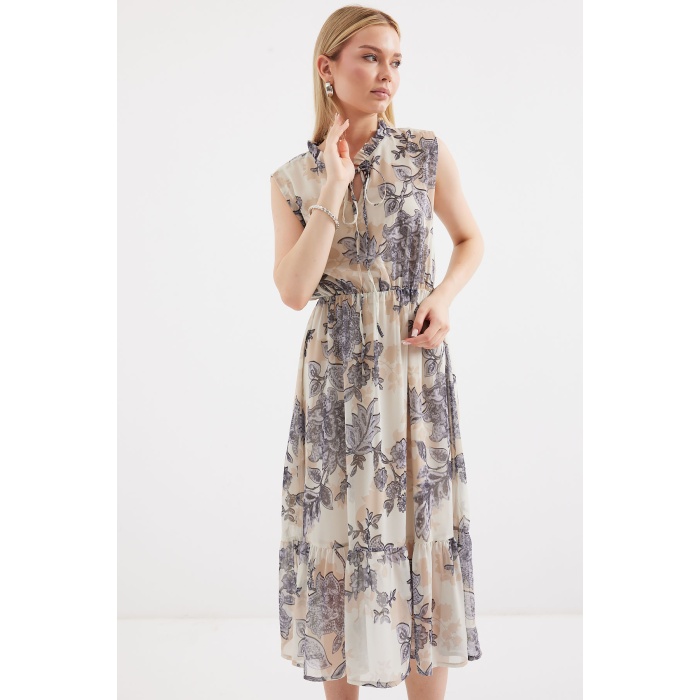 2503 Desenli Sıfır Kol Şifon Elbise - Antrasit