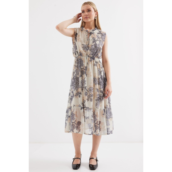 2503 Desenli Sıfır Kol Şifon Elbise - Antrasit