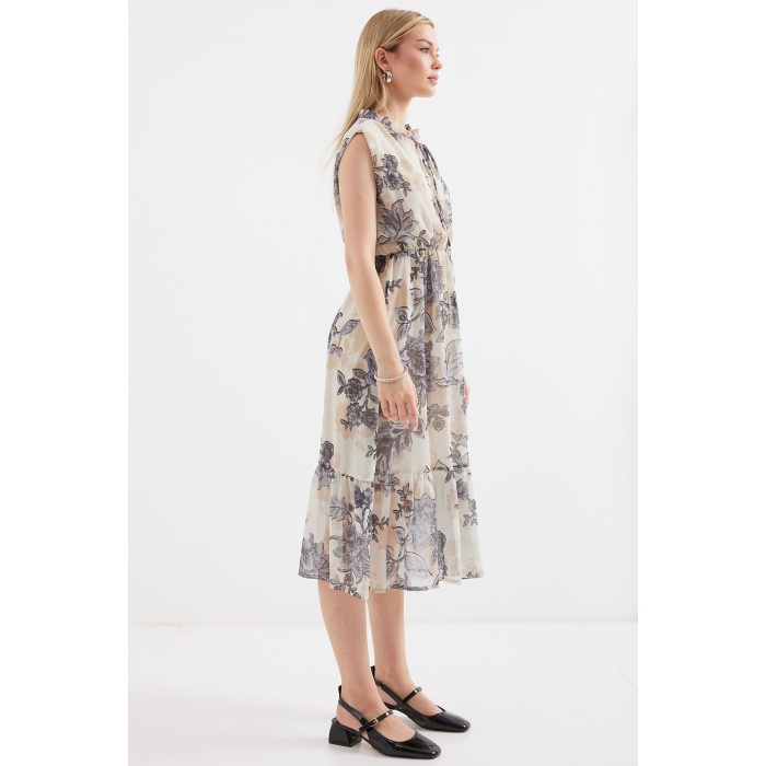 2503 Desenli Sıfır Kol Şifon Elbise - Antrasit