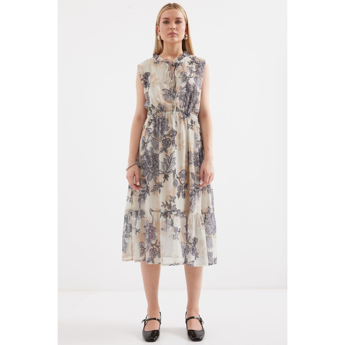 2503 Desenli Sıfır Kol Şifon Elbise - Antrasit