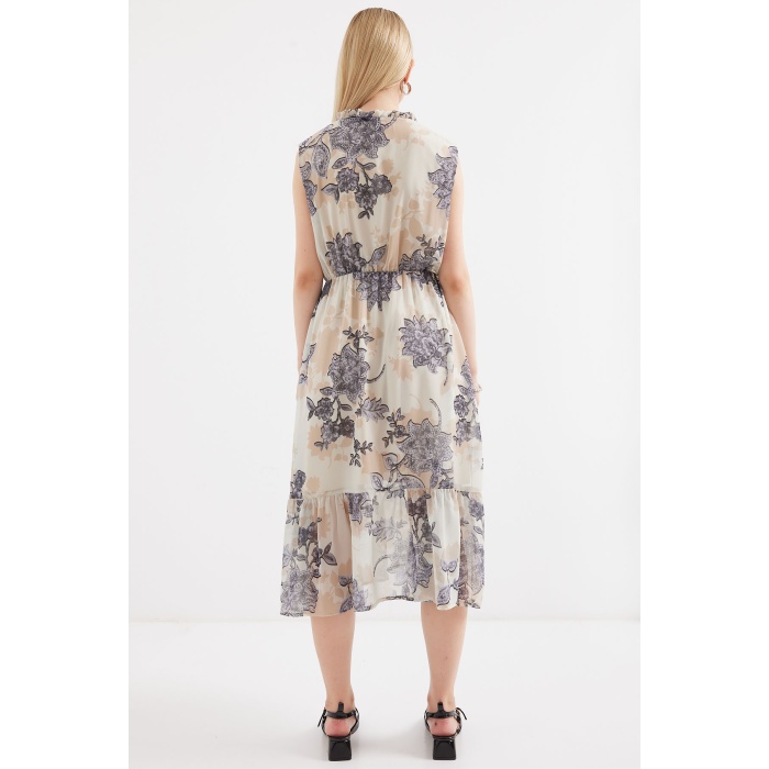 2503 Desenli Sıfır Kol Şifon Elbise - Antrasit