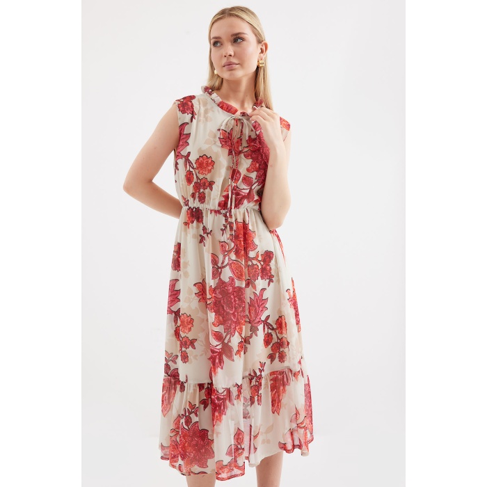 2503 Desenli Sıfır Kol Şifon Elbise - Nar