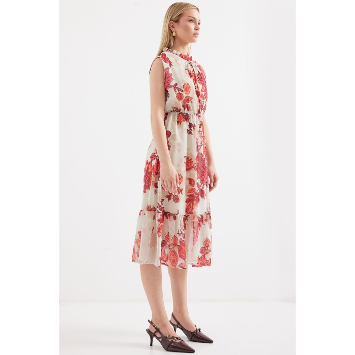 2503 Desenli Sıfır Kol Şifon Elbise - Nar