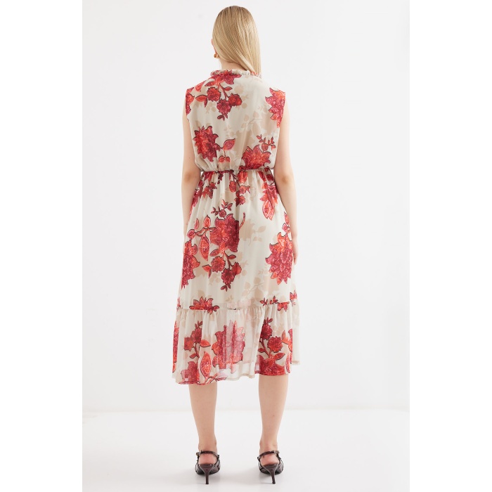 2503 Desenli Sıfır Kol Şifon Elbise - Nar