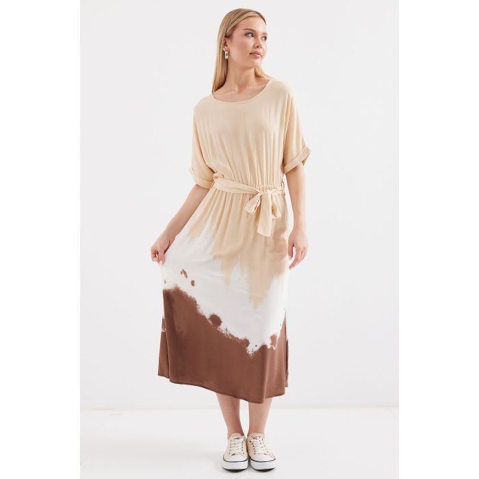 2504 Desenli Kısa Kol Viskon Elbise - Krem