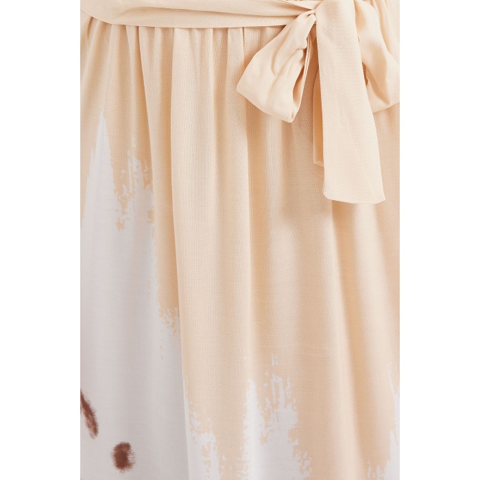 2504 Desenli Kısa Kol Viskon Elbise - Krem