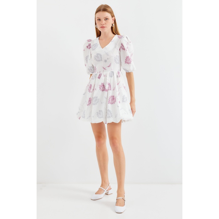 2506 Desenli V Yaka Mini Kloş Elbise - Ekru