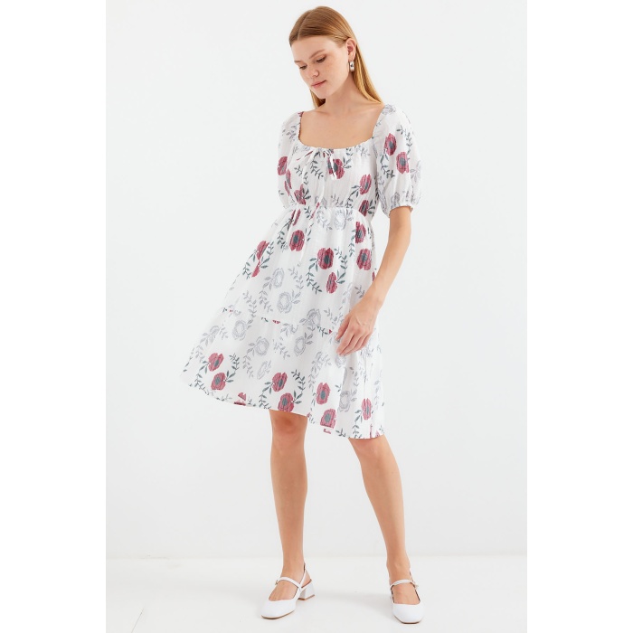 2508 Desenli Mini Kloş Elbise - Ekru