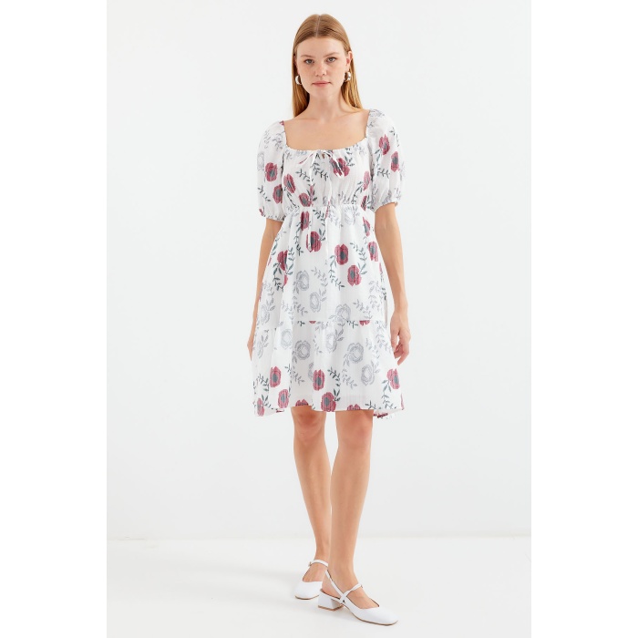 2508 Desenli Mini Kloş Elbise - Ekru