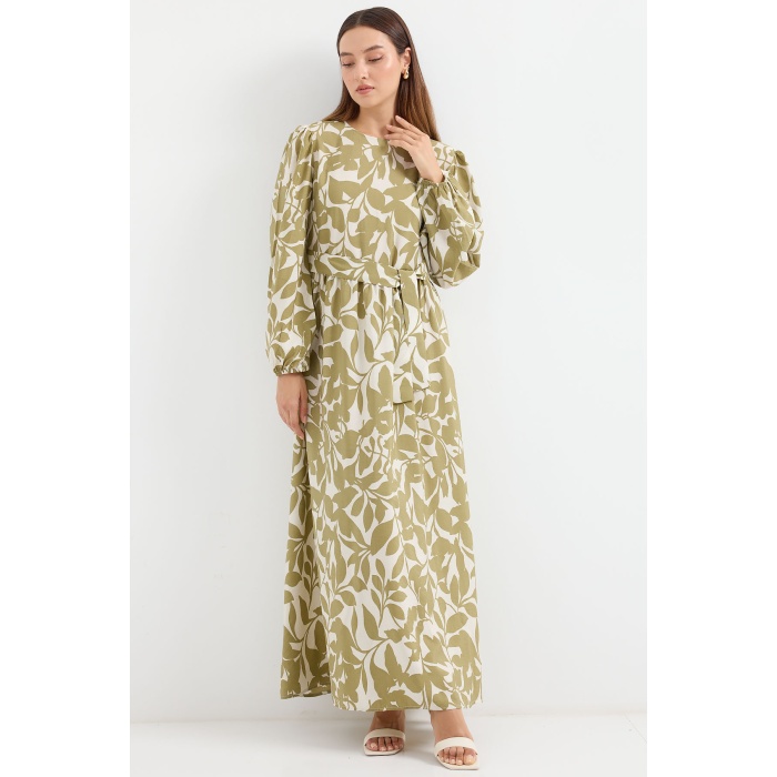 2513 Balon Kol Tesettür Elbise - Yağ Yeşil