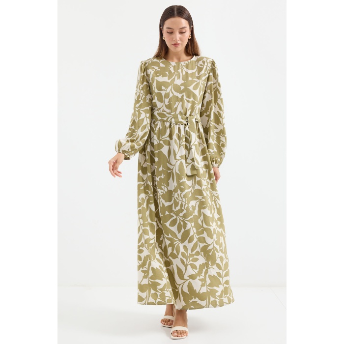 2513 Balon Kol Tesettür Elbise - Yağ Yeşil