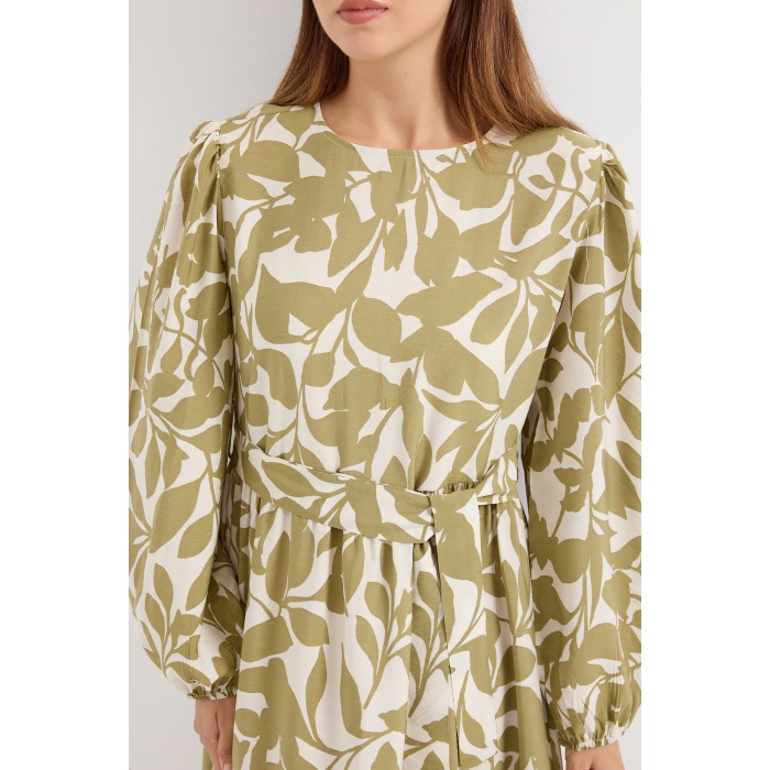 2513 Balon Kol Tesettür Elbise - Yağ Yeşil