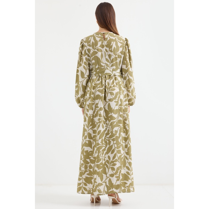 2513 Balon Kol Tesettür Elbise - Yağ Yeşil