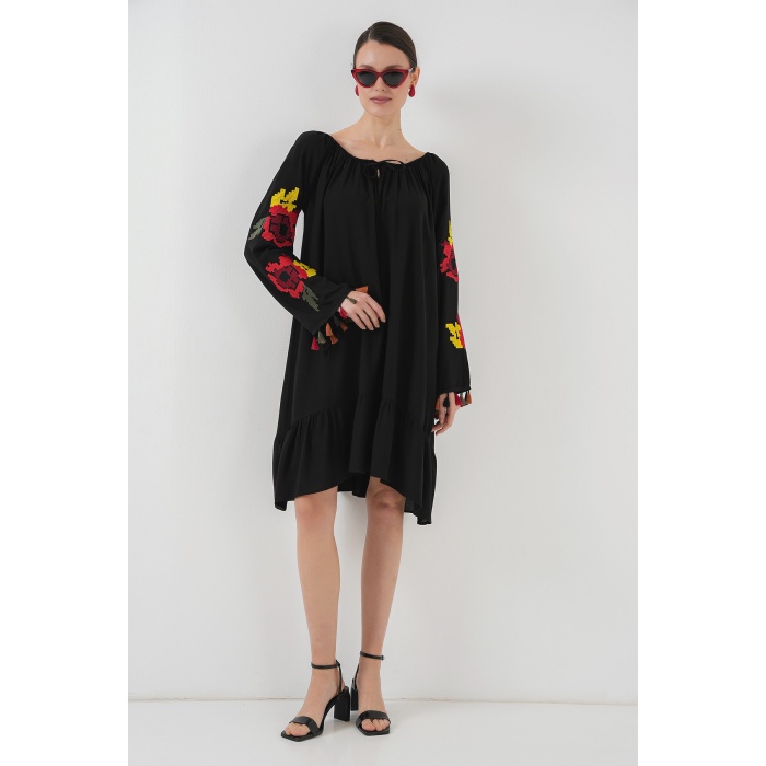 Nakışlı Midi Elbise 2531 - Siyah