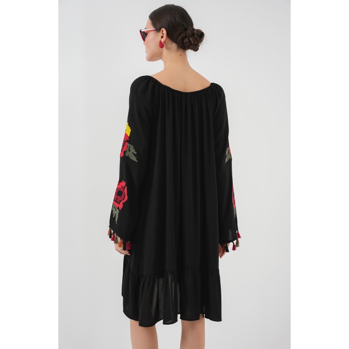 Nakışlı Midi Elbise 2531 - Siyah