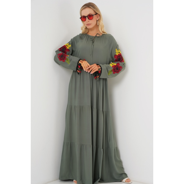 Nakışlı Uzun Elbise 2534 - Haki