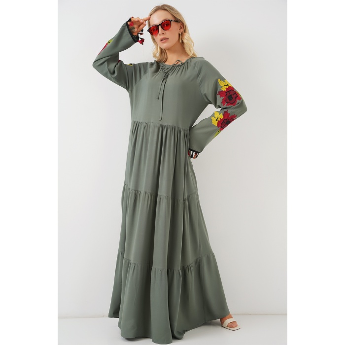 Nakışlı Uzun Elbise 2534 - Haki