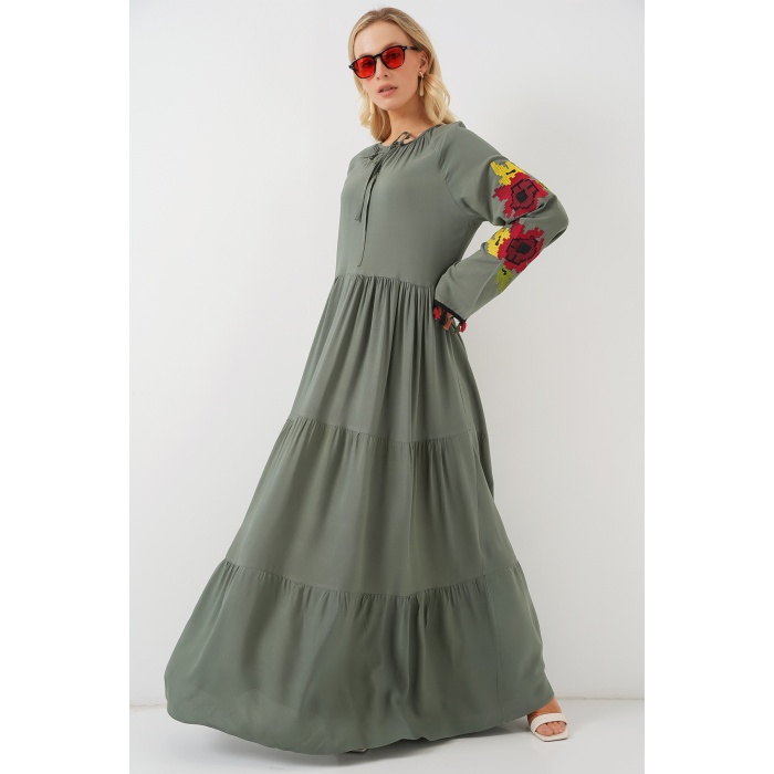 Nakışlı Uzun Elbise 2534 - Haki