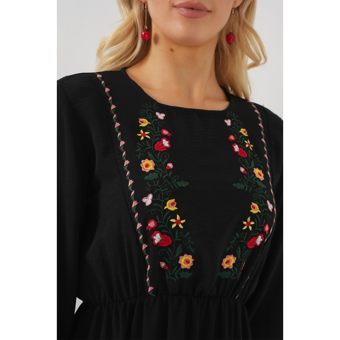 Kadın Nakışlı Uzun Tesettür Elbise 2550 - Siyah