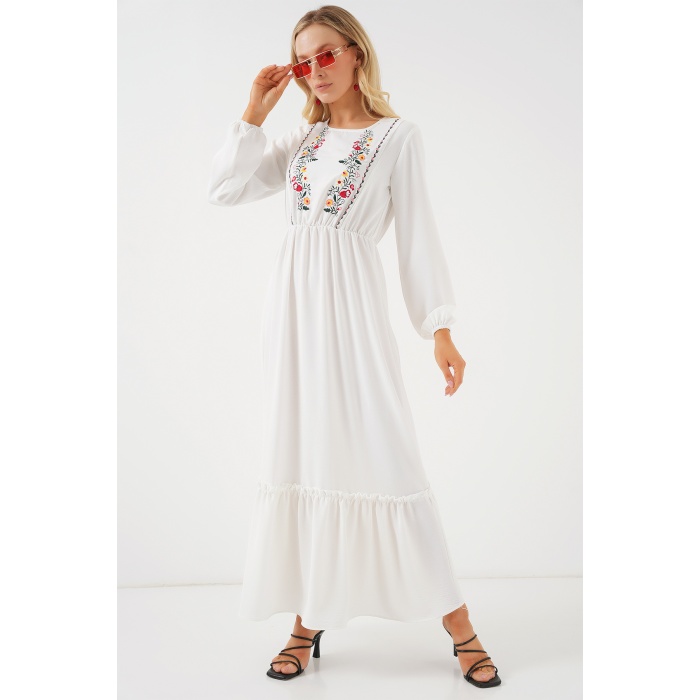 Kadın Nakışlı Uzun Tesettür Elbise 2550 - Beyaz