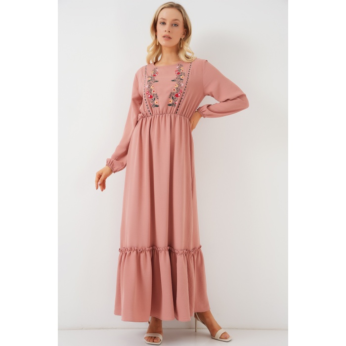 Kadın Nakışlı Uzun Tesettür Elbise 2550 - Pudra