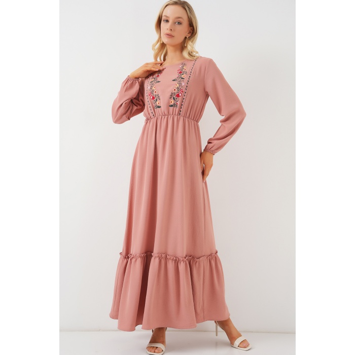 Kadın Nakışlı Uzun Tesettür Elbise 2550 - Pudra