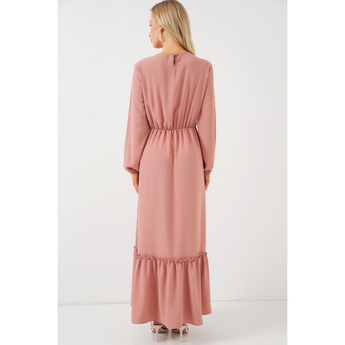 Kadın Nakışlı Uzun Tesettür Elbise 2550 - Pudra