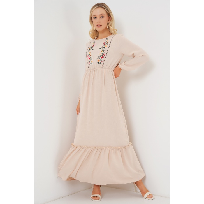 Kadın Nakışlı Uzun Tesettür Elbise 2550 - Krem