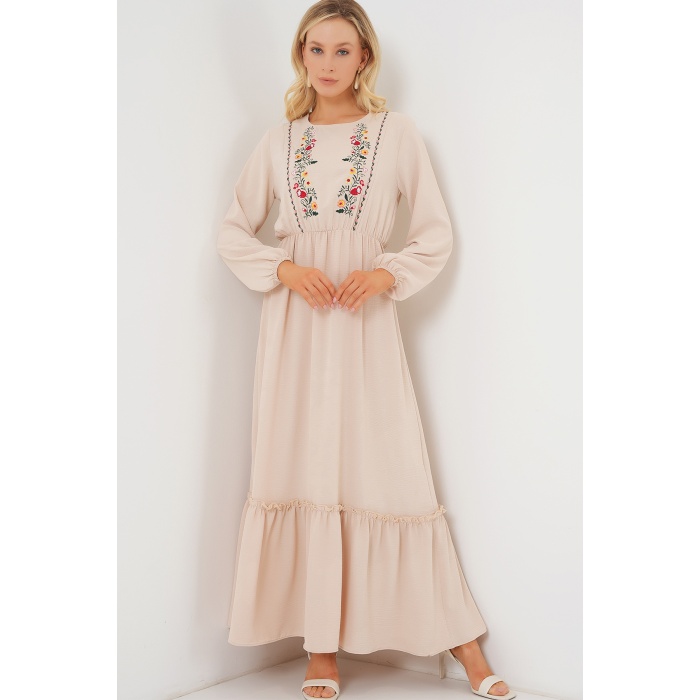 Kadın Nakışlı Uzun Tesettür Elbise 2550 - Krem