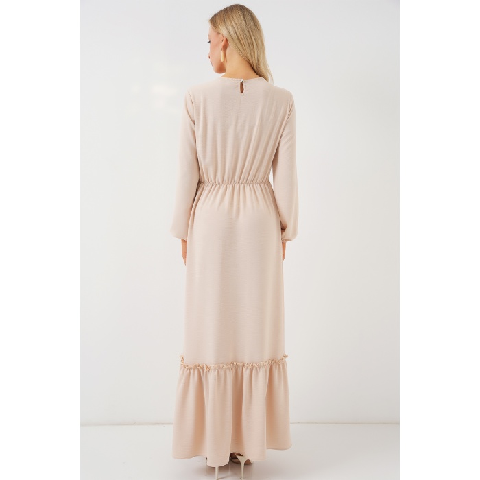 Kadın Nakışlı Uzun Tesettür Elbise 2550 - Krem