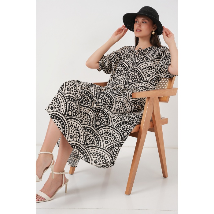 Kadın Kısa Kol Desenli Elbise 2553 - Siyah