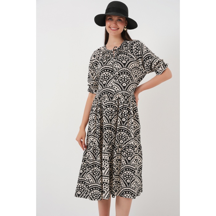 Kadın Kısa Kol Desenli Elbise 2553 - Siyah