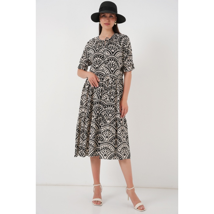 Kadın Kısa Kol Desenli Elbise 2553 - Siyah