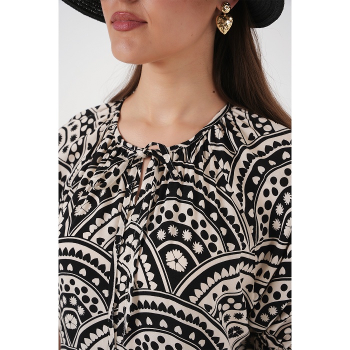 Kadın Kısa Kol Desenli Elbise 2553 - Siyah