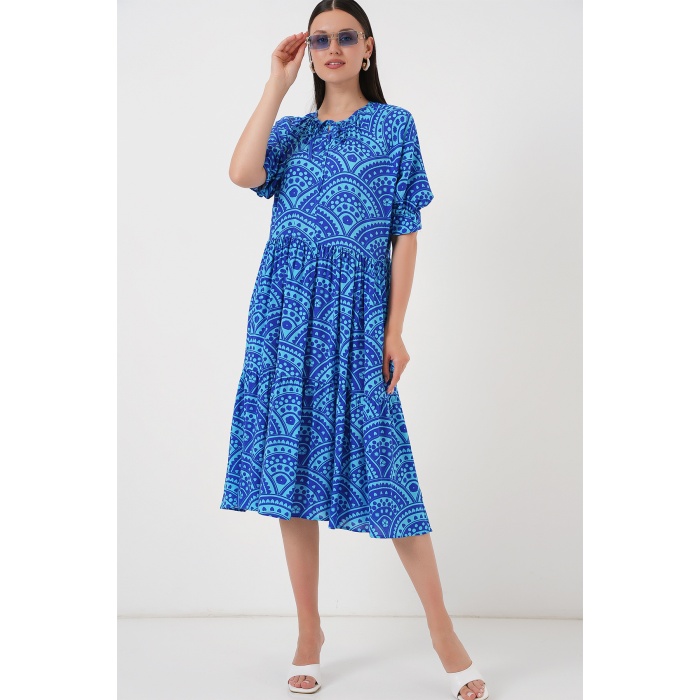 Kadın Kısa Kol Desenli Elbise 2553 - Saks