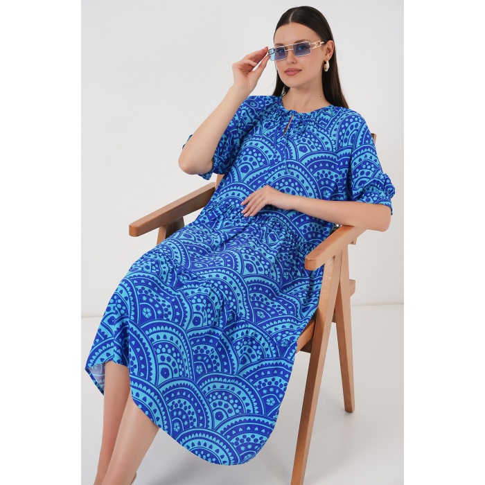 Kadın Kısa Kol Desenli Elbise 2553 - Saks