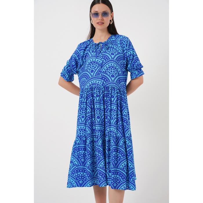 Kadın Kısa Kol Desenli Elbise 2553 - Saks
