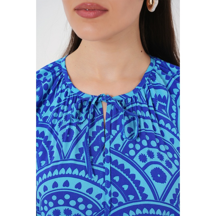 Kadın Kısa Kol Desenli Elbise 2553 - Saks