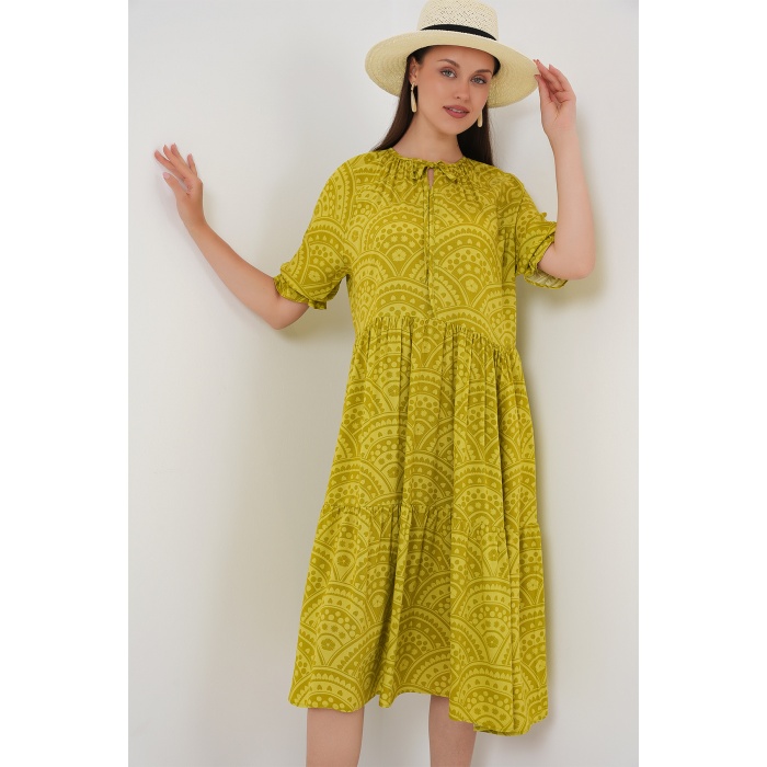 Kadın Kısa Kol Desenli Elbise 2553 - E.Yeşil