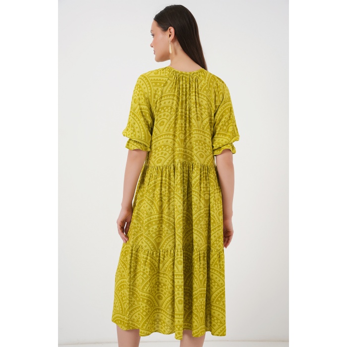 Kadın Kısa Kol Desenli Elbise 2553 - E.Yeşil