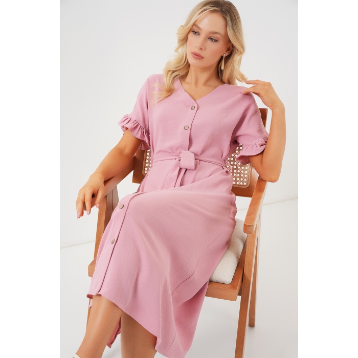 Kadın Kısa Kol Düğmeli Elbise 2555 - Pudra