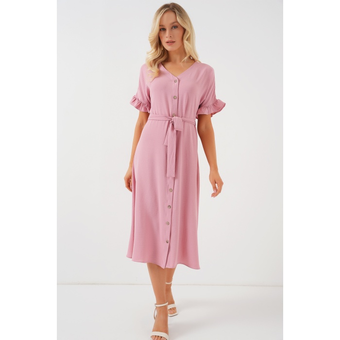 Kadın Kısa Kol Düğmeli Elbise 2555 - Pudra