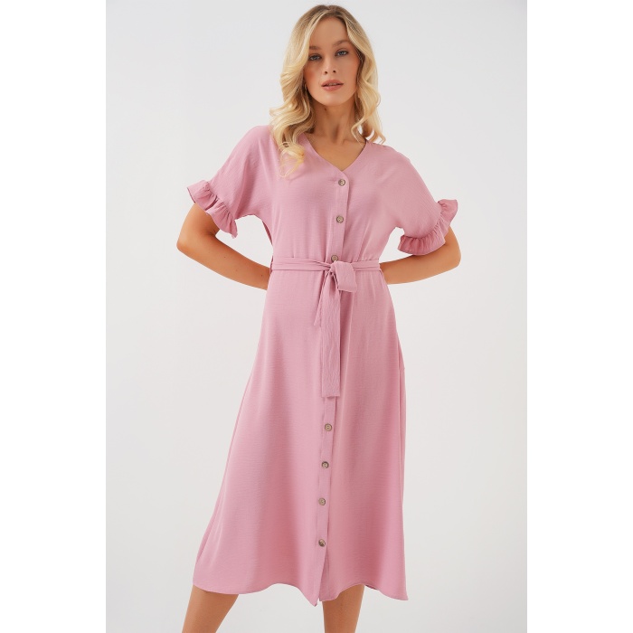 Kadın Kısa Kol Düğmeli Elbise 2555 - Pudra