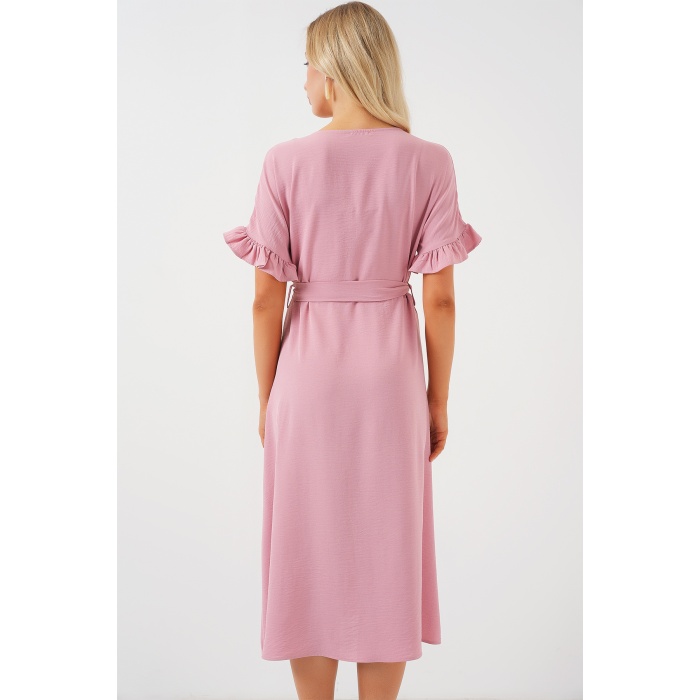 Kadın Kısa Kol Düğmeli Elbise 2555 - Pudra