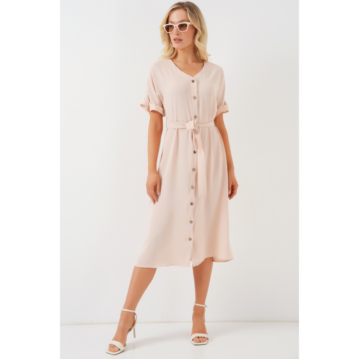 Kadın Kısa Kol Düğmeli Elbise 2555 - Krem