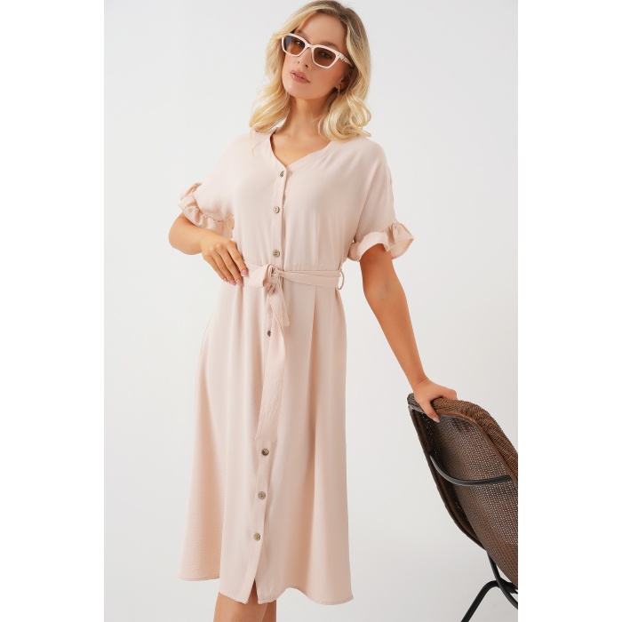 Kadın Kısa Kol Düğmeli Elbise 2555 - Krem