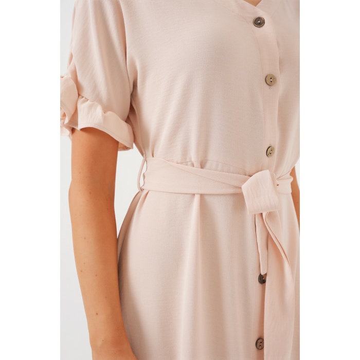 Kadın Kısa Kol Düğmeli Elbise 2555 - Krem