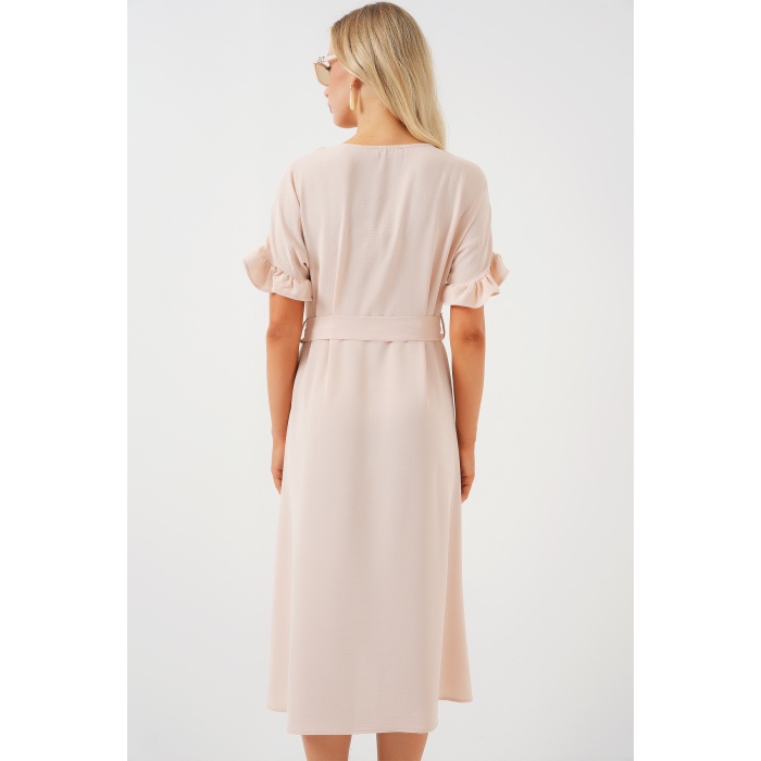 Kadın Kısa Kol Düğmeli Elbise 2555 - Krem